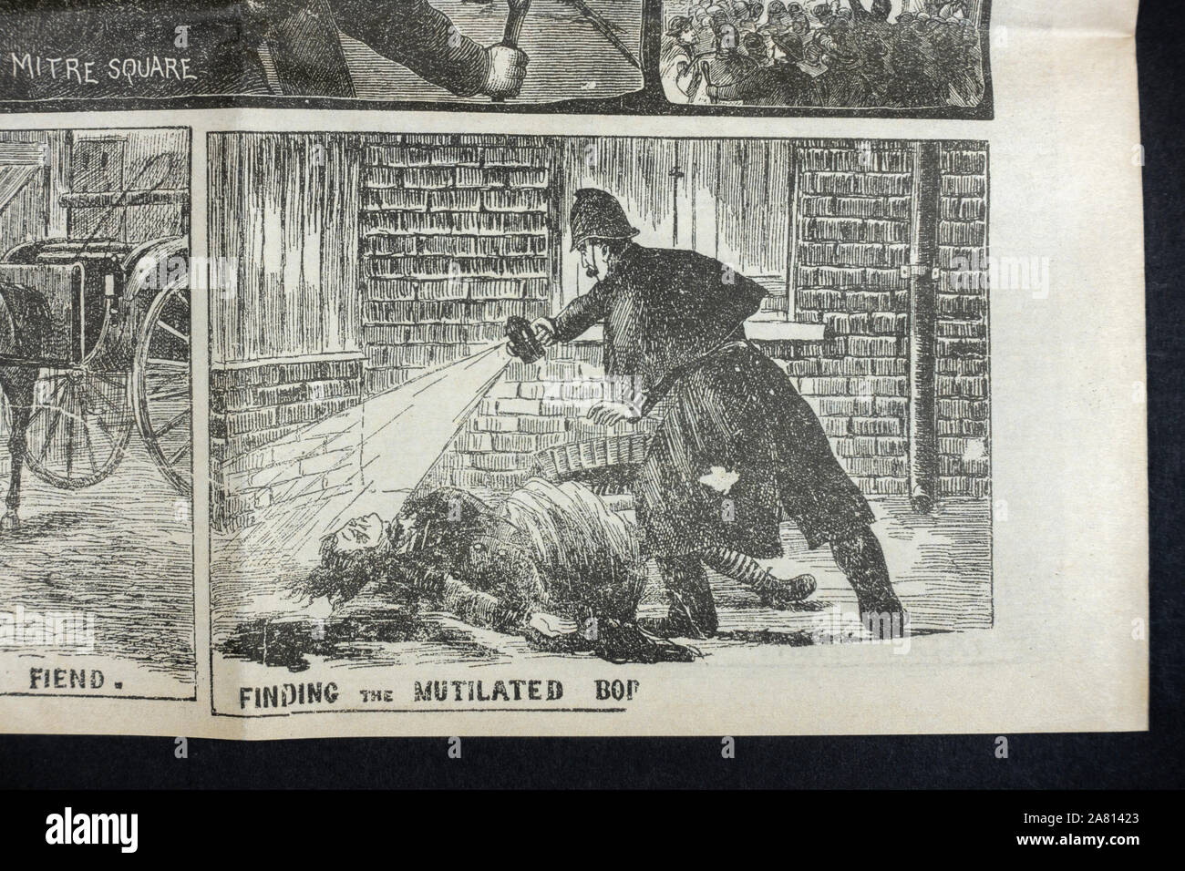 Jack l'Eventreur era journal (réplique) : Police illustrée à la une montrant le meurtre d'Elizabeth Stride dans Berner Street. Banque D'Images