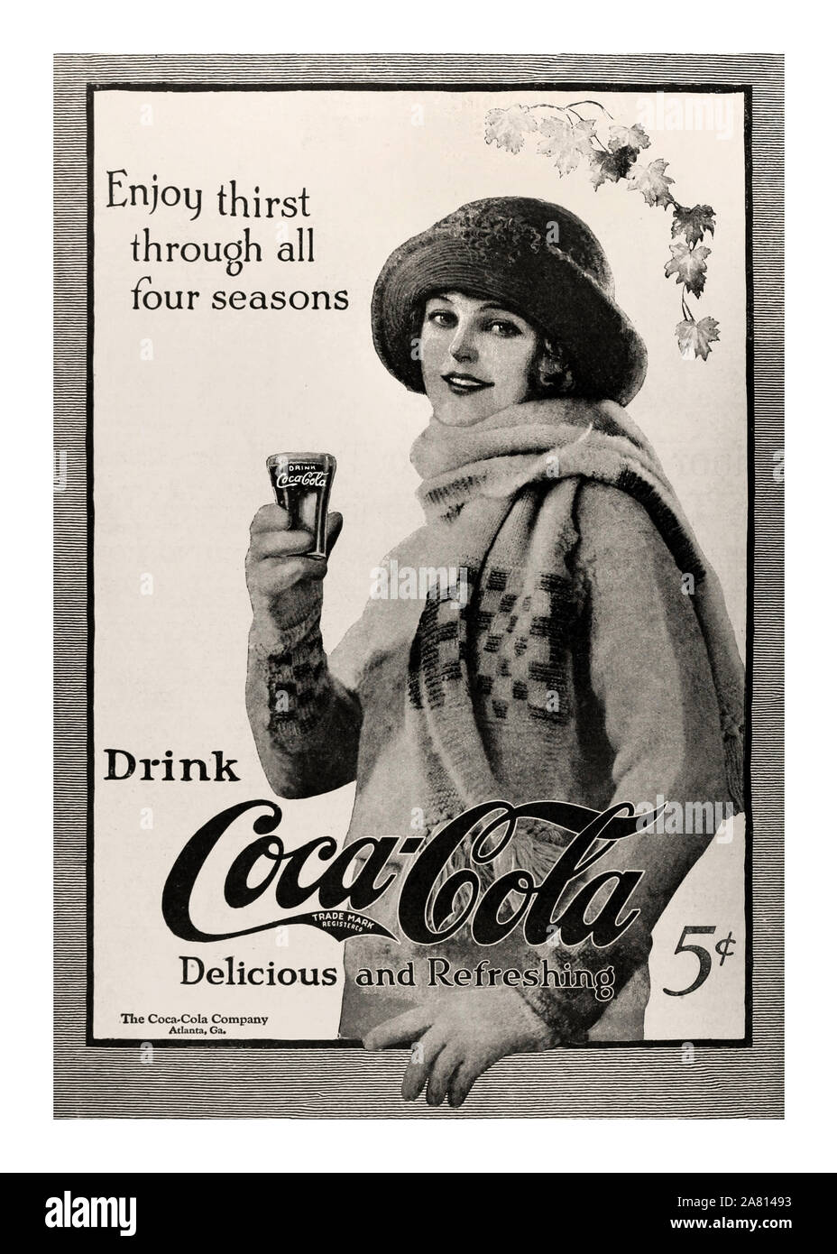 Archive American Vintage des années 1900 Publicité pour Coca Cola 'profiter de la soif à travers les quatre saisons' VERRE Coca Cola Délicieux et rafraîchissant 5cents USA Banque D'Images