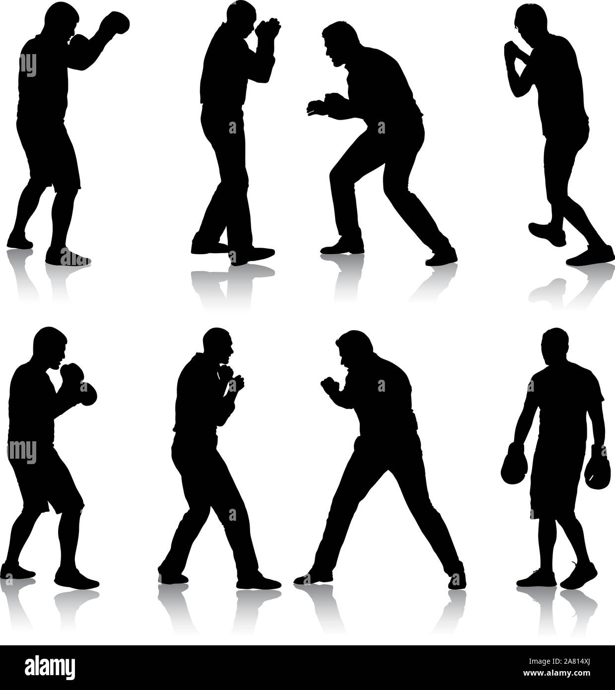 Ensemble Noir silhouette d'un athlète boxer sur un fond blanc. Illustration de Vecteur