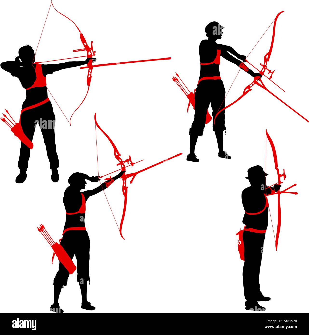 Silhouette ensemble hommes et femmes attrayants archer plier un arc et visant à la cible. Illustration de Vecteur