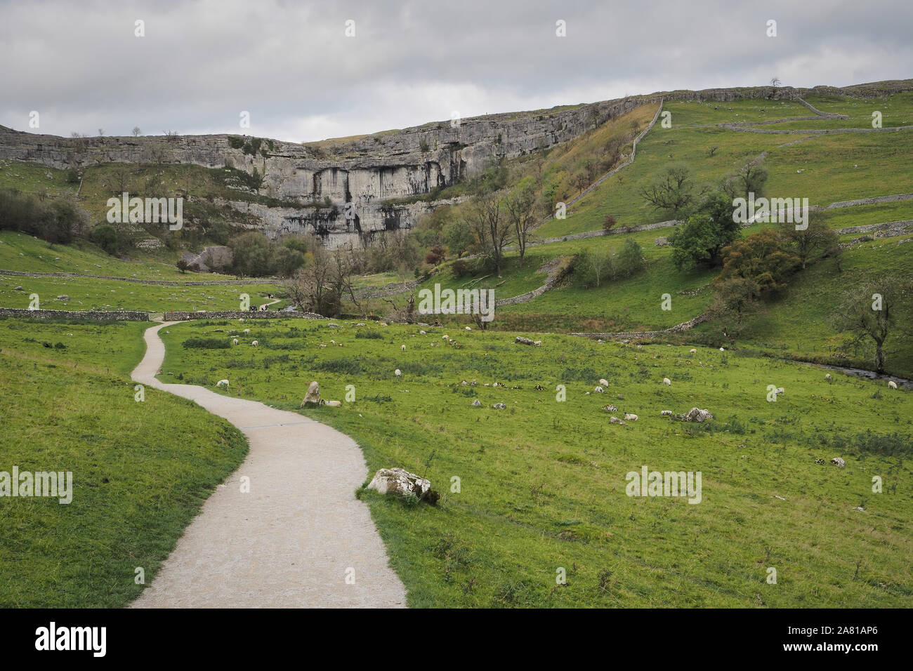 La voie aux côtés de Malham Beck menant à Malham Cove avec lapiez ci-dessus, Yorkshire Dales Banque D'Images