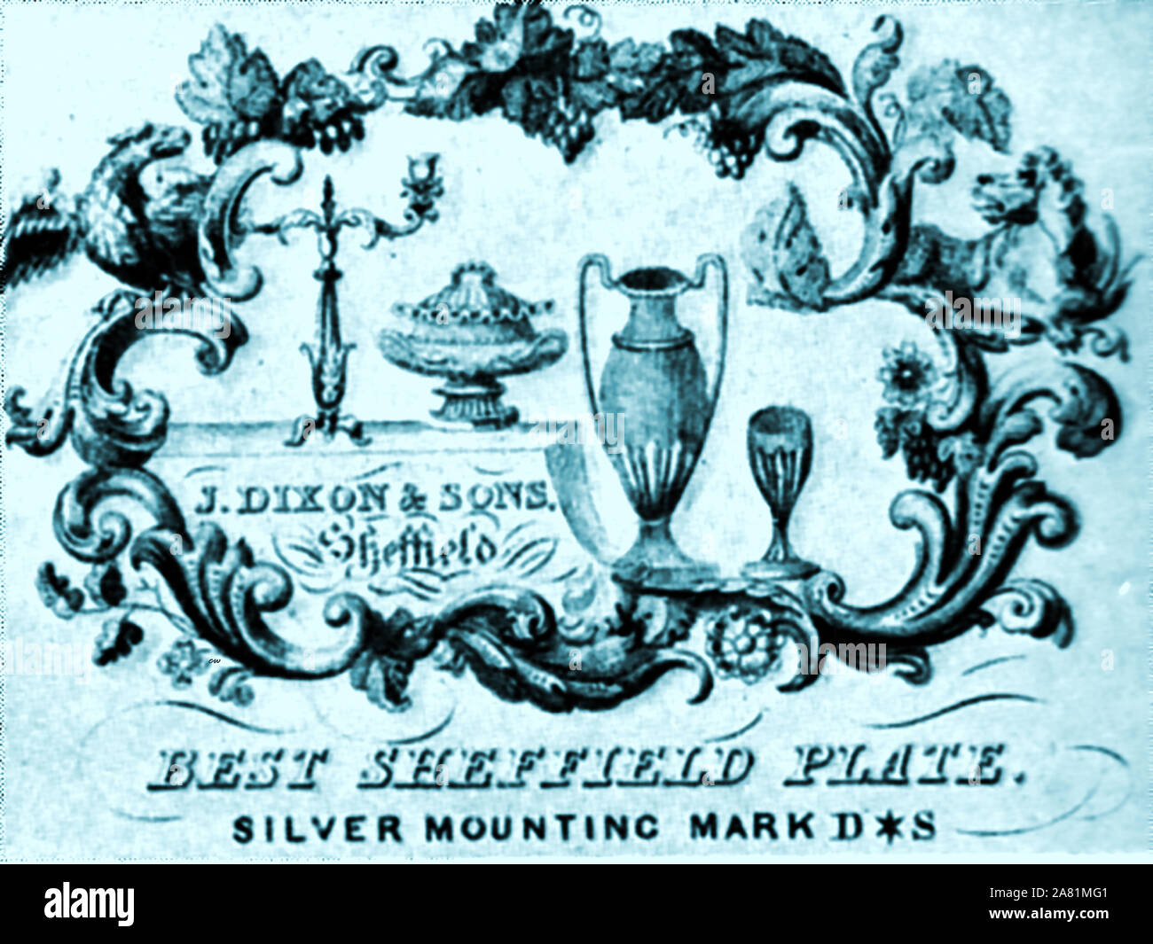 L'industrie de Sheffield Silver Plaque - marqueur de J Dixon & Sons. Une de leurs premières marques est une trompette avec une bannière accrochée à elle. Ils ont été fondé en 1806 à Sheffield et devint l'un des principaux fabricants britanniques dans la révolution industrielle du xixe siècle. Ils étaient également bien connu en tant que fabricant des Etains ware. Banque D'Images