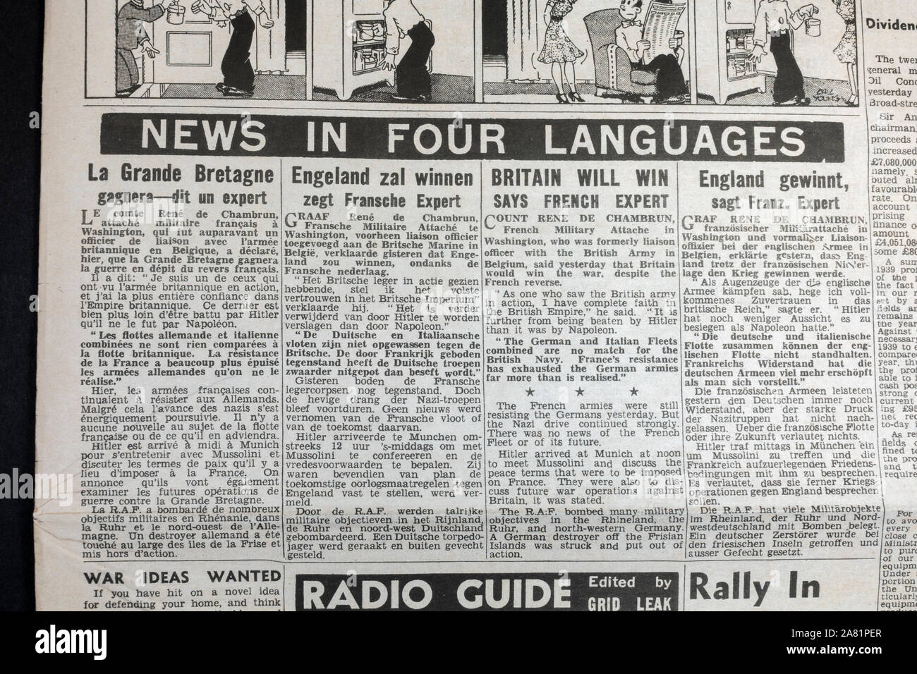 Section spéciale montrant la guerre related news stories en quatre langues : Daily Sketch journal (réplique), 19 juin 1940 (pendant la bataille d'Angleterre). Banque D'Images