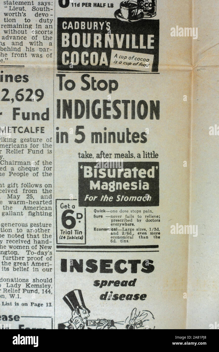 Annonce Bisurated' pour 'l'indigestion de magnésie Comprimés : Daily Sketch journal (réplique), 19 juin 1940 (pendant la bataille d'Angleterre). Banque D'Images