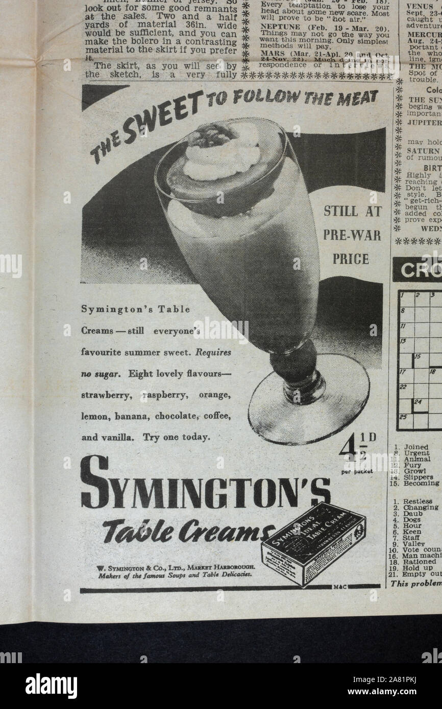 Les Symington annonce pour crèmes Table : Daily Sketch journal (réplique), 19 juin 1940 (pendant la bataille d'Angleterre). Banque D'Images