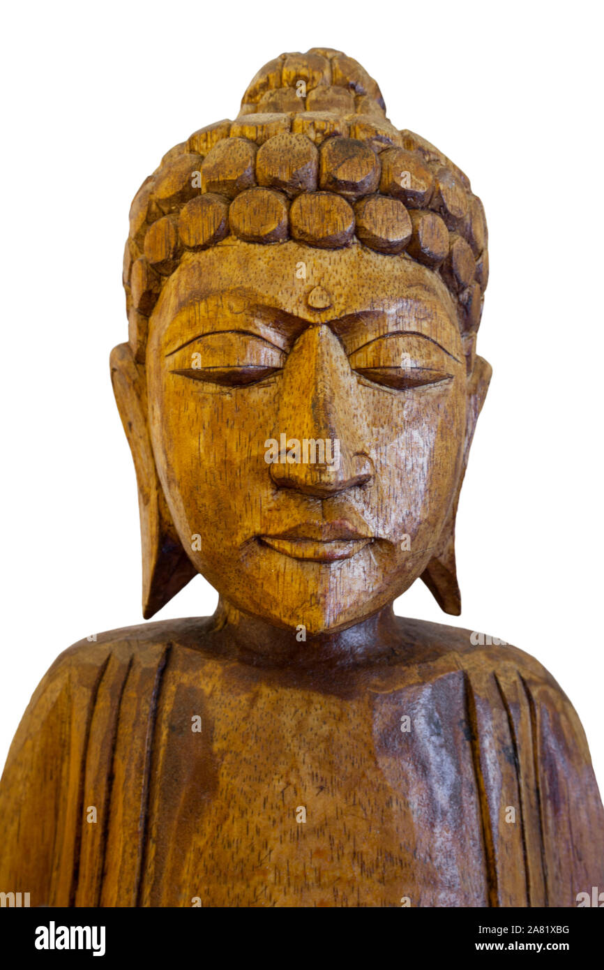 Buddha statue en bois. Détail de la tête. Isolé Banque D'Images