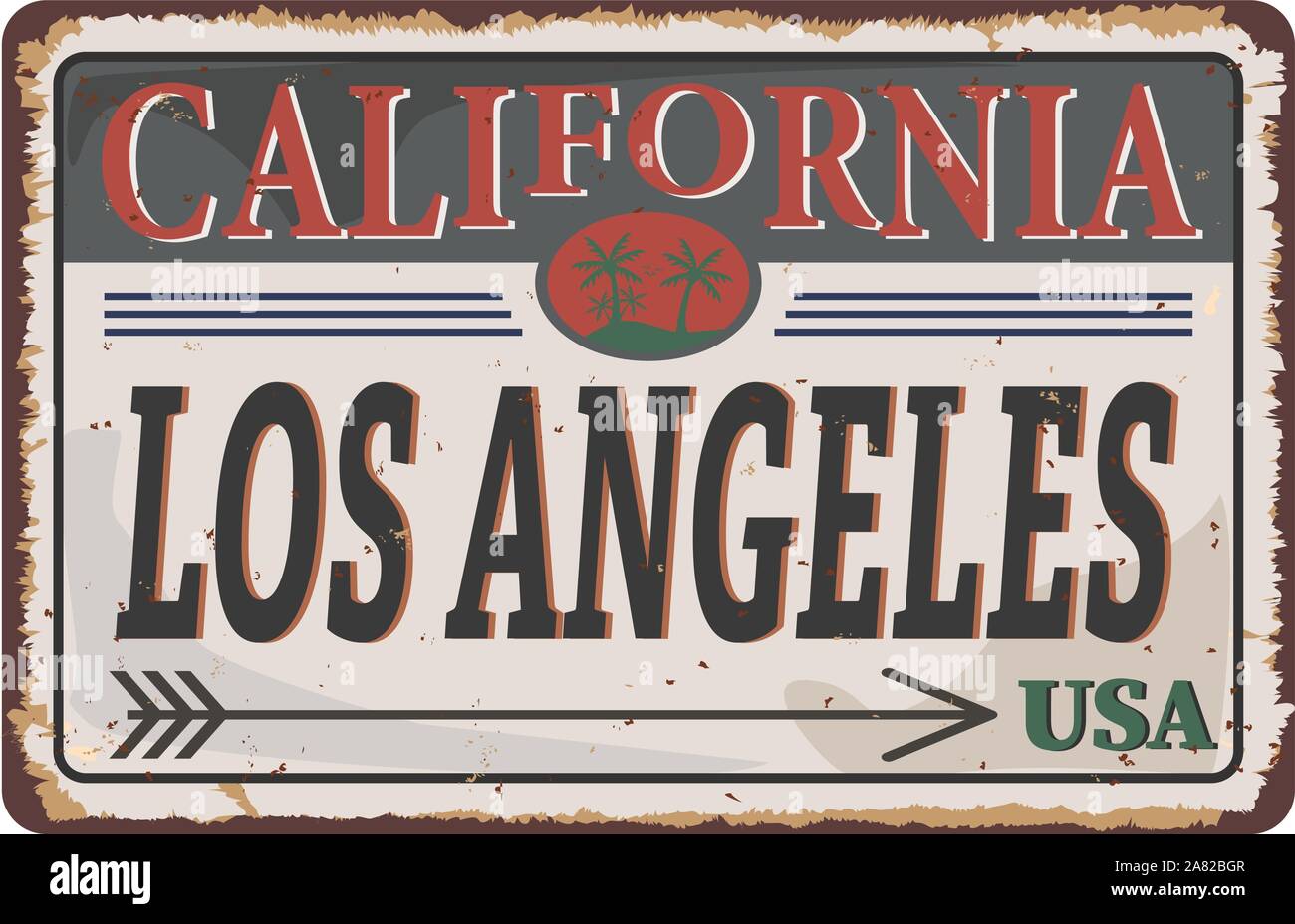 California Los Angeles Vintage tin sign avec Retro souvenir ou modèle de carte postale sur fond rouille. Vintage vieux papier Illustration de Vecteur