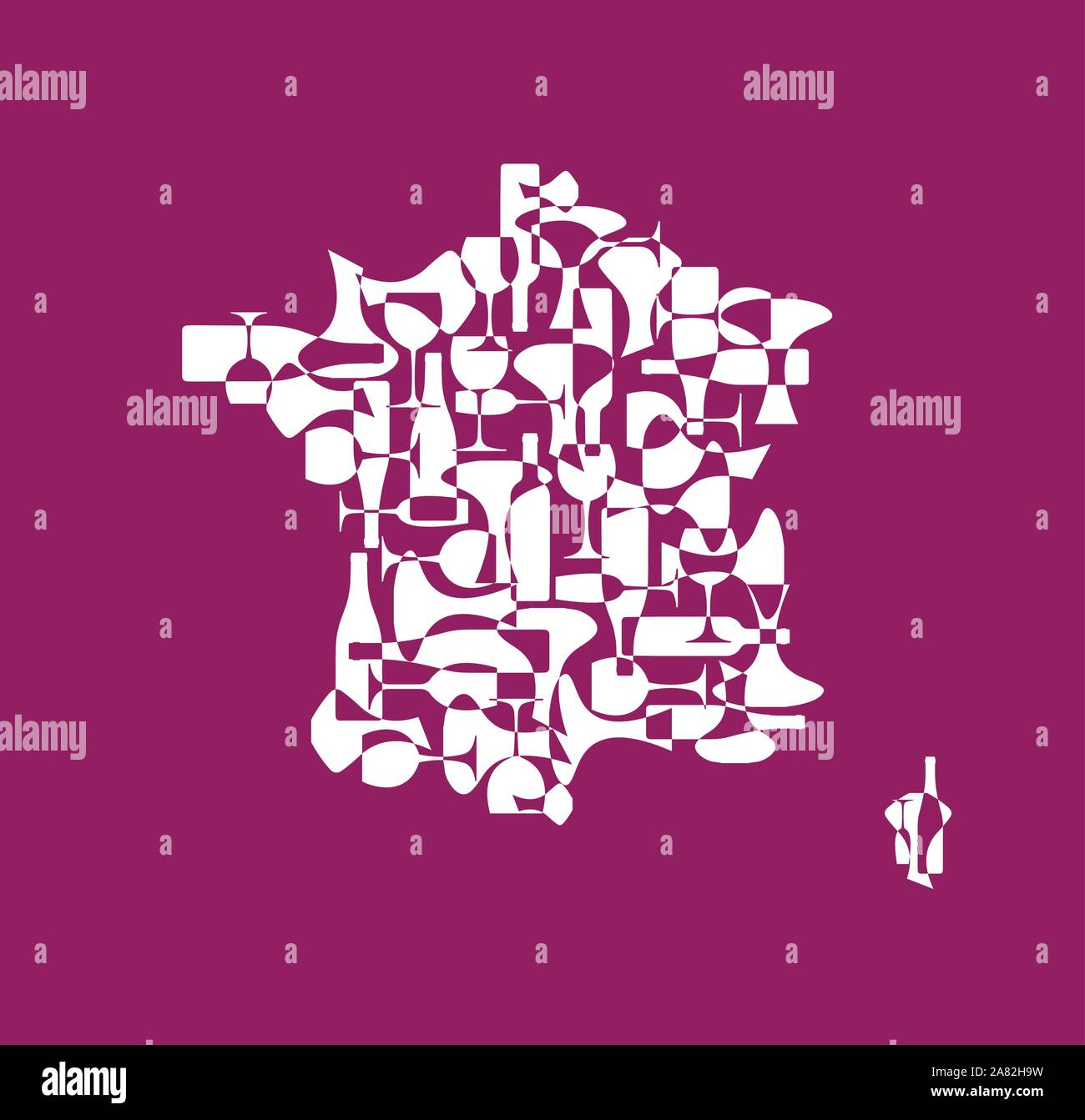 Vignerons Pays - cartes stylisées à partir de silhouettes de bouteilles de vin, des verres et des carafes. Carte de France. Illustration de Vecteur