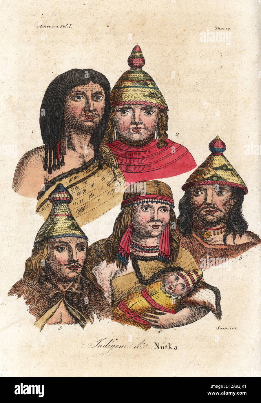 Les Amérindiens de la baie Nootka. L'homme tatoué Nootka avec front et  anneau pour le nez, les hommes et les femmes dans des chapeaux, manteaux en  peau animale, boucles d'oreilles et piercings
