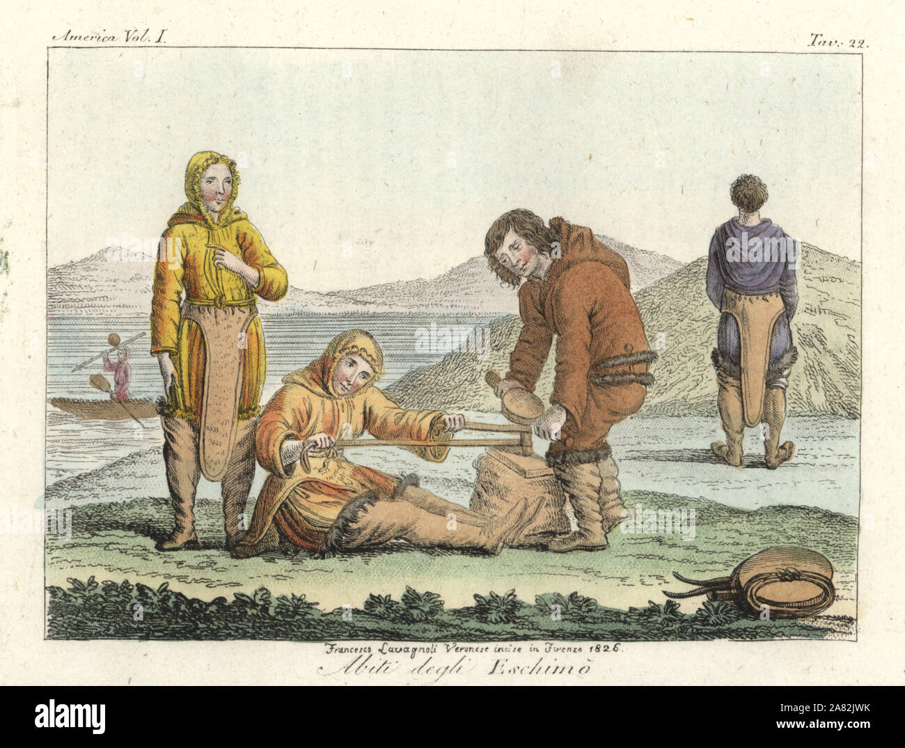 Costumes des Inuit (Esquimau) portant des vêtements en peau de phoque avec les capots et de longues bottes. La gravure sur cuivre coloriée par Francesco Lavagnoli Veronese de Giulio Ferrario's costumes anciens et modernes de tous les peuples du monde, Florence, Italie, 1837. Banque D'Images