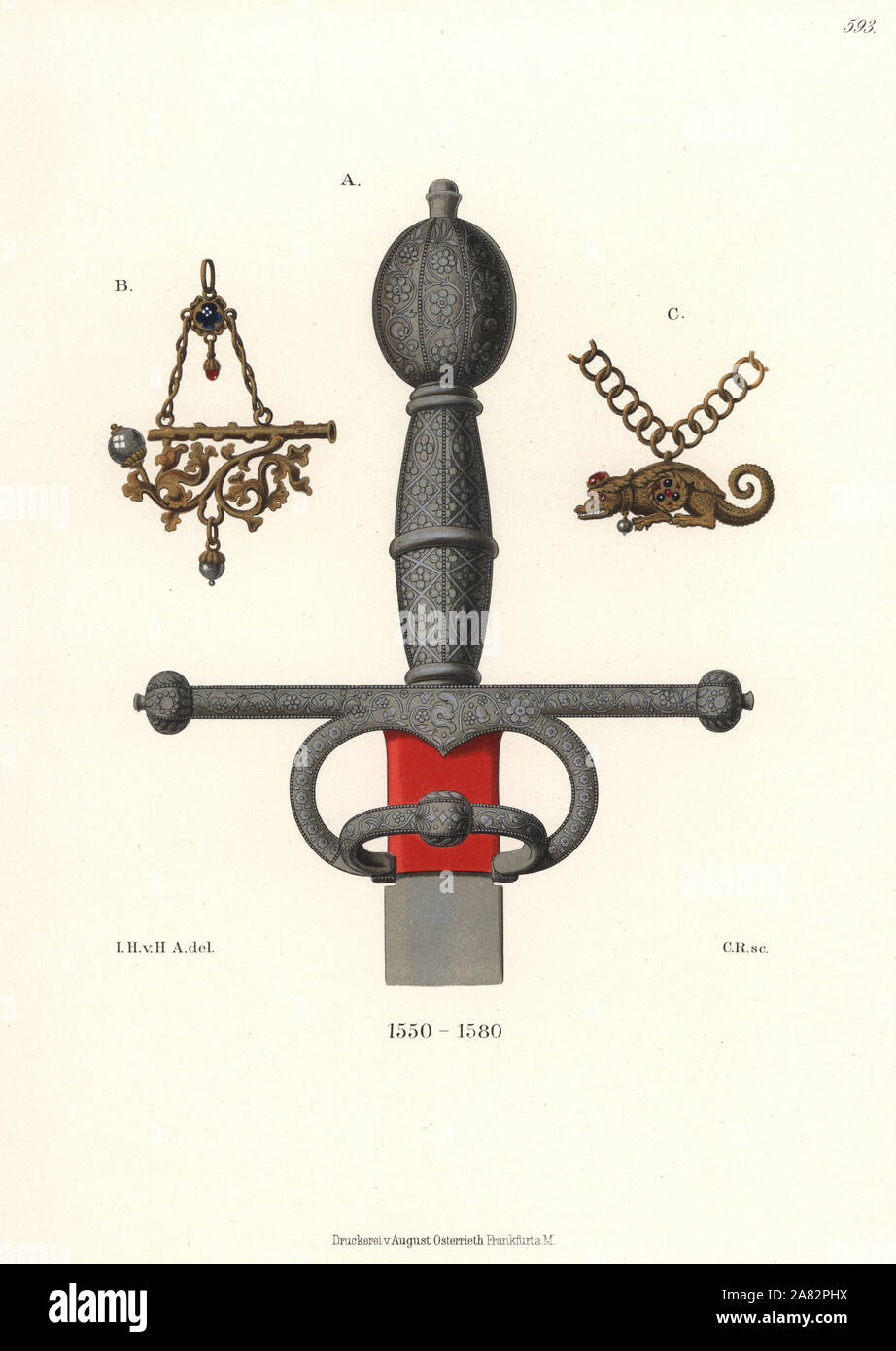 Sword couilles en fer décoré d'argent, doré et un tuyaux de chasse décoré de saphirs B et un crocodile C. chromolithographie de Hefner-Alteneck les costumes, Œuvres et appareils du Moyen-Âge au 17ème siècle, Francfort, 1889. Illustration par le Dr Jakob Heinrich von Hefner-Alteneck, lithographiée par C. Regnier. Le Dr Hefner-Alteneck (1811-1903), était un conservateur de musée, archéologue, historien de l'art, illustrateur et graveur. Banque D'Images