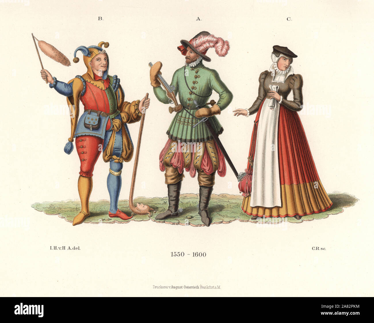 Knight (reiter) avec des roues-lock pistol et un harem pants, jester avec vessie et marotte (hochet), B, et d'une jeune fille à long jupon et tablier de Strasbourg C. Banque D'Images