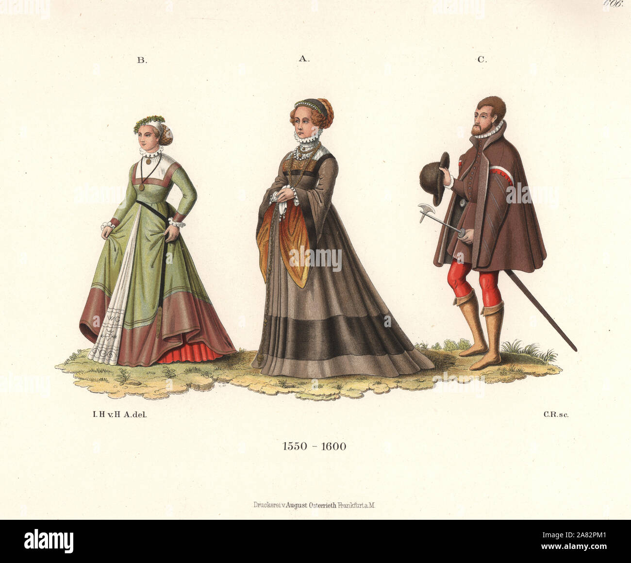 L'allemand d'Augsbourg, épouse une jeune fille de Marburg, et une Stadtknecht avec son symbole de l'office, une petite hache. Chromolithographie de Hefner-Alteneck les costumes, Œuvres et appareils du Moyen-Âge au 17ème siècle, Francfort, 1889. Illustration par le Dr Jakob Heinrich von Hefner-Alteneck, lithographiée par C. Regnier. Le Dr Hefner-Alteneck (1811-1903), était un conservateur de musée, archéologue, historien de l'art, illustrateur et graveur. Banque D'Images