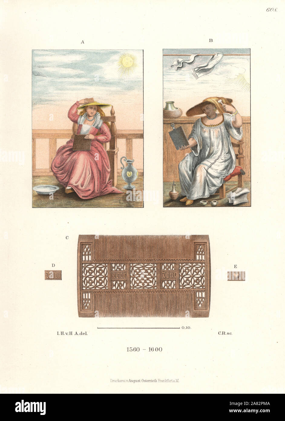 Les femmes de Venise mourir leurs cheveux à l'aide d'un "solana" (un bord large chapeau avec un trou au centre), un avec une éponge, et l'autre avec un peigne en face d'un miroir après Cesare Vecellio B, et peigne en bois C. chromolithographie de Hefner-Alteneck les costumes, Œuvres et appareils du Moyen-Âge au 17ème siècle, Francfort, 1889. Illustration par le Dr Jakob Heinrich von Hefner-Alteneck, lithographiée par C. Regnier. Le Dr Hefner-Alteneck (1811-1903), était un conservateur de musée, archéologue, historien de l'art, illustrateur et graveur. Banque D'Images