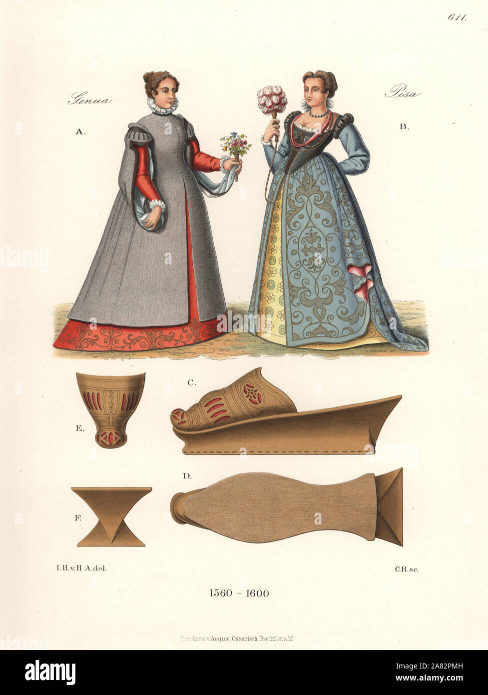 Femme de Gênes avec un bouquet, femme de Pise holding a feather fan B, et les détails d'une paire de chaussures pour femme en peau de mouton C,D,E,F. Chromolithographie de Hefner-Alteneck les costumes, Œuvres et appareils du Moyen-Âge au 17ème siècle, Francfort, 1889. Illustration par le Dr Jakob Heinrich von Hefner-Alteneck, lithographiée par C. Regnier. Le Dr Hefner-Alteneck (1811-1903), était un conservateur de musée, archéologue, historien de l'art, illustrateur et graveur. Banque D'Images