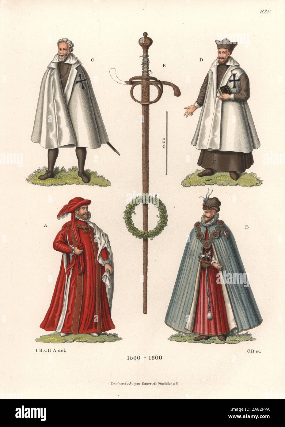 Robes de cérémonie des chevaliers de la Toison d'un ordre de la Jarretière, B, Chevaliers teutoniques C,D, et l'épée et couronne de Georg Hund von Wenkheim E. chromolithographie de Hefner-Alteneck les costumes, Œuvres et appareils du Moyen-Âge au 17ème siècle, Francfort, 1889. Illustration par le Dr Jakob Heinrich von Hefner-Alteneck, lithographiée par C. Regnier. Le Dr Hefner-Alteneck (1811-1903), était un conservateur de musée, archéologue, historien de l'art, illustrateur et graveur. Banque D'Images