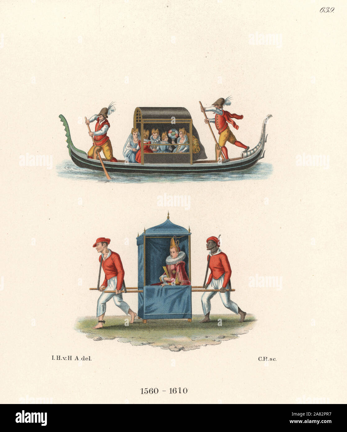 Les femmes équitation une gondole vénitienne, et femme napolitaine en chaise à porteurs effectué par les esclaves. Chromolithographie de Hefner-Alteneck les costumes, Œuvres et appareils du Moyen-Âge au 17ème siècle, Francfort, 1889. Illustration par le Dr Jakob Heinrich von Hefner-Alteneck, lithographiée par C. Regnier. Le Dr Hefner-Alteneck (1811-1903), était un conservateur de musée, archéologue, historien de l'art, illustrateur et graveur. Banque D'Images