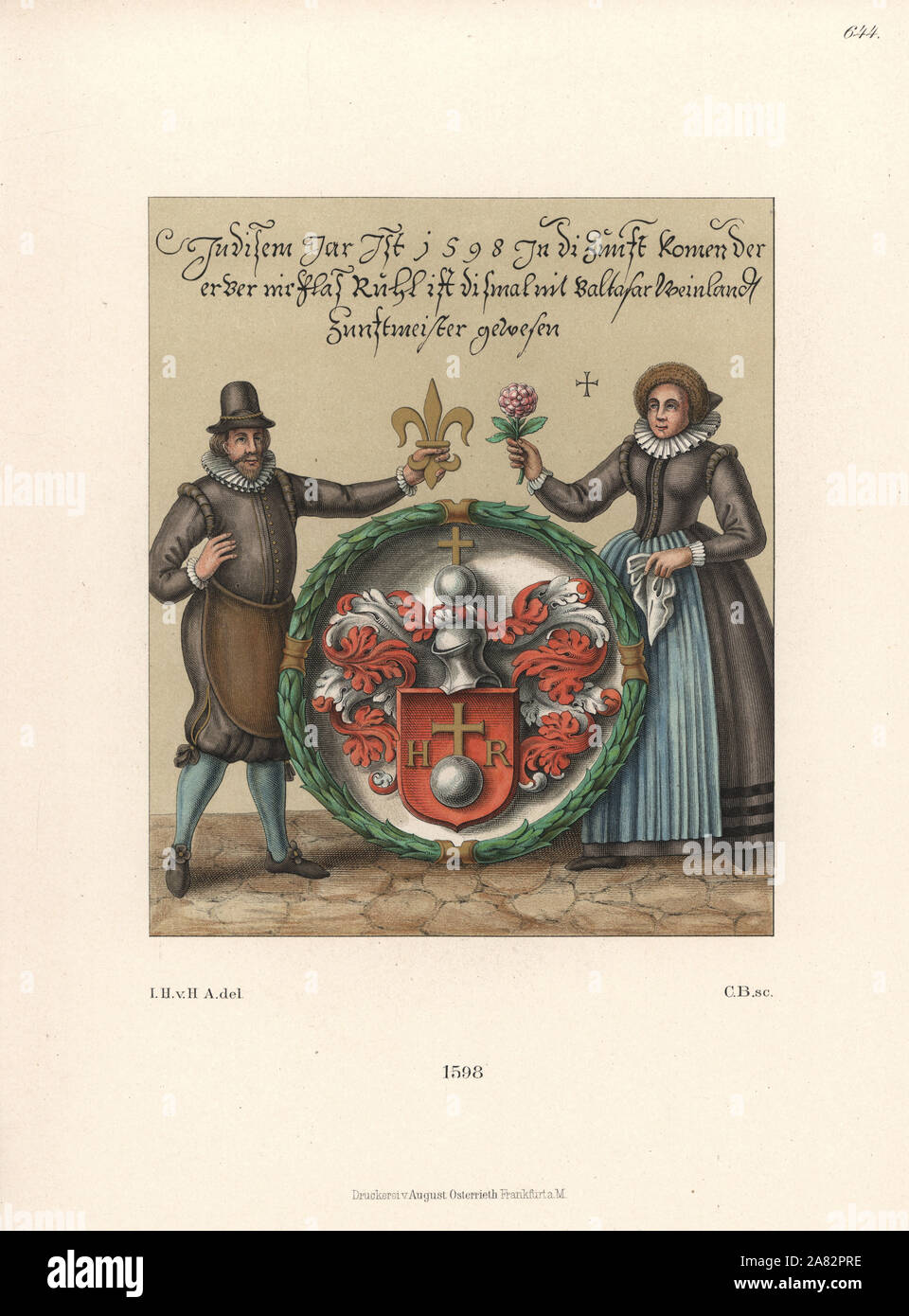 Bourgeois de la ville et Niklas ironsmith Ruhl et sa femme debout à côté de son blason. À partir d'un livre de guilde d'Aschaffenburg. Il est titulaire d'un golden lily, et elle est une rose. Chromolithographie de Hefner-Alteneck les costumes, Œuvres et appareils du Moyen-Âge au 17ème siècle, Francfort, 1889. Illustration par le Dr Jakob Heinrich von Hefner-Alteneck, lithographiée par C. B. M. Hefner-Alteneck (1811-1903), était un conservateur de musée, archéologue, historien de l'art, illustrateur et graveur. Banque D'Images