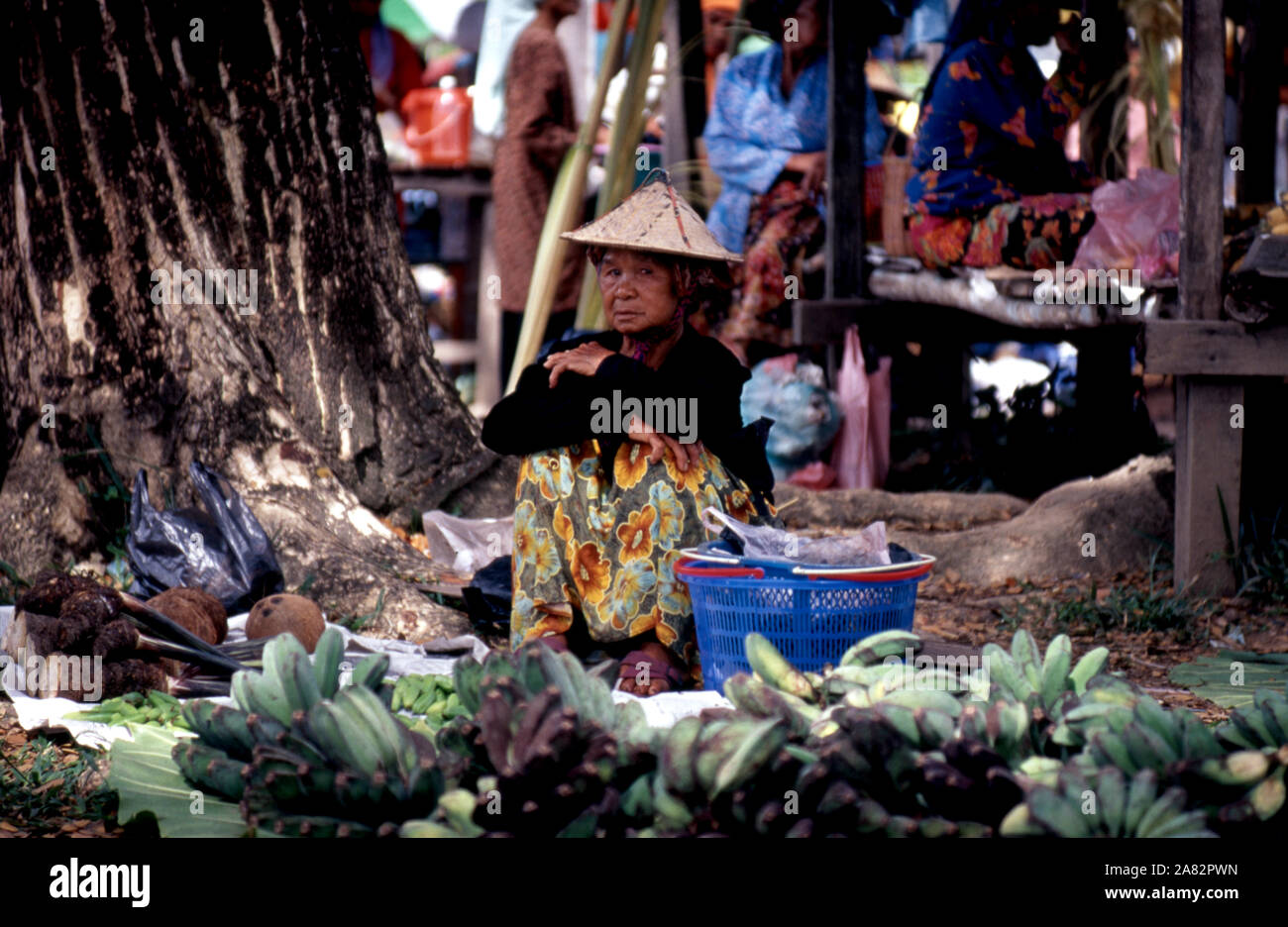 Une femme vend les Bajau à produire le marché du dimanche à Kota Belud, Sabah, Malaisie. Banque D'Images
