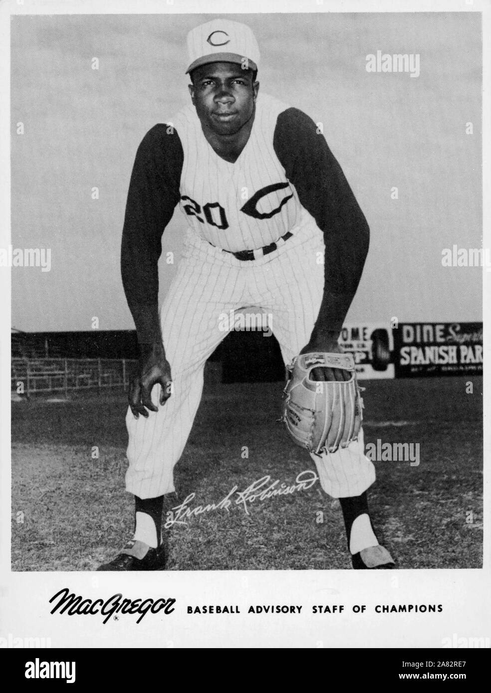 Vintage photo en noir et blanc de la Major League Baseball player Frank Robinson avec les Reds de Cincinnati vers 1960 comme une approbation pour MacGregor les articles de sport et des gants. Banque D'Images