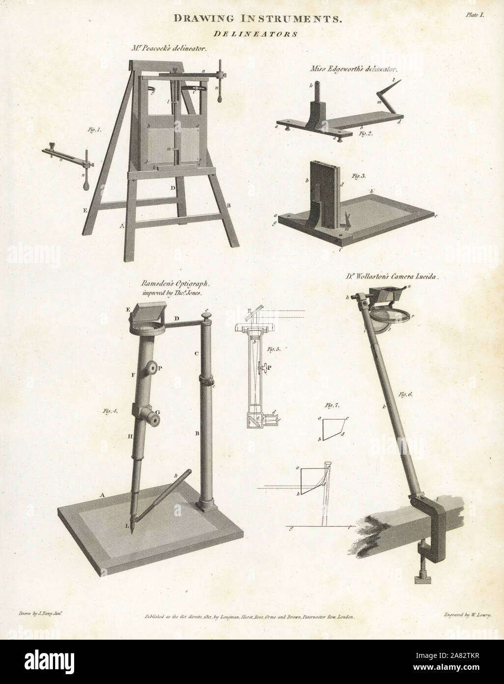 Instruments de dessin perspective y compris le sida, tels que M. Peacock's délinéateur et Mlle Maria Edgeworth's délinéateur, Jesse Ramsden's optigraph amélioré par Thomas Jones et William Hyde Wollaston's camera lucida. La gravure sur cuivre par Wilson Lowry D'après un dessin de John Farey Jr. d'Abraham Rees' Cyclopedia ou Dictionnaire Universel des Sciences, des arts et de la littérature, Longman, Hurst, Rees, Orme et Brown, Londres, 1812. Banque D'Images
