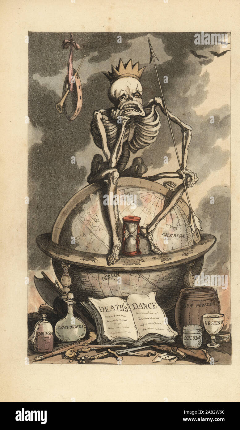 Squelette avec couronne, spear et hourglass assis sur un globe au-dessus de diverses armes meurtrières, des pistolets, des couteaux, des poisons et des drogues. Dessiné et gravé sur cuivre coloriée par Thomas ROWLANDSON à partir de la danse de mort, Ackermann, Londres, 1816. Banque D'Images