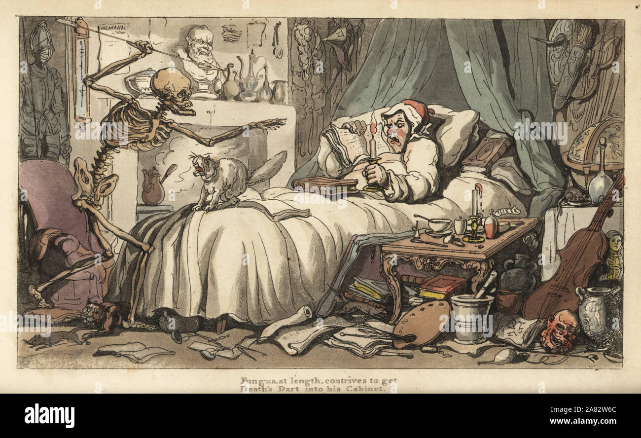 Le squelette de la mort avec l'antiquaire agglomeration dans une chambre remplie d'instruments de musique, livres, manuscrits, des armures, un globe, un buste, rats, etc. coloriée dessiné et gravé sur cuivre par Thomas ROWLANDSON à partir de la danse de mort, Ackermann, Londres, 1816. Banque D'Images