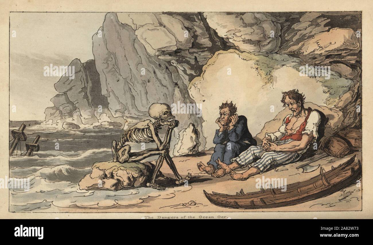 La figure du squelette de la mort se trouve sur une plage avec deux marins naufragés. Dessiné et gravé sur cuivre coloriée par Thomas ROWLANDSON à partir de la danse de mort, Ackermann, Londres, 1816. Banque D'Images