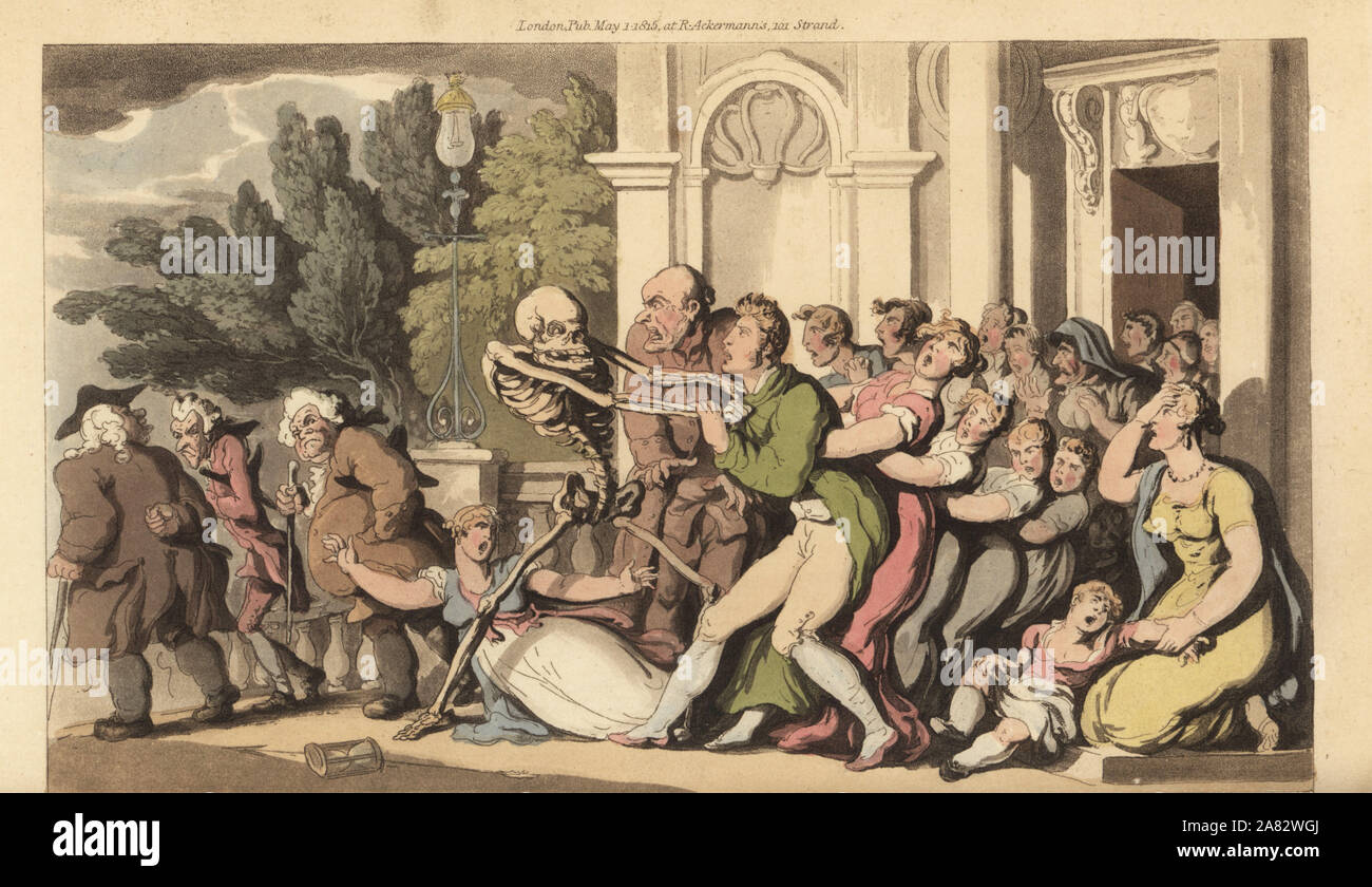 Le squelette de la mort s'empare d'un père par le col, comme sa femme et ses enfants tentent désespérément de le sauver. Dessiné et gravé sur cuivre coloriée par Thomas ROWLANDSON à partir de la danse de mort, Ackermann, Londres, 1816. Banque D'Images