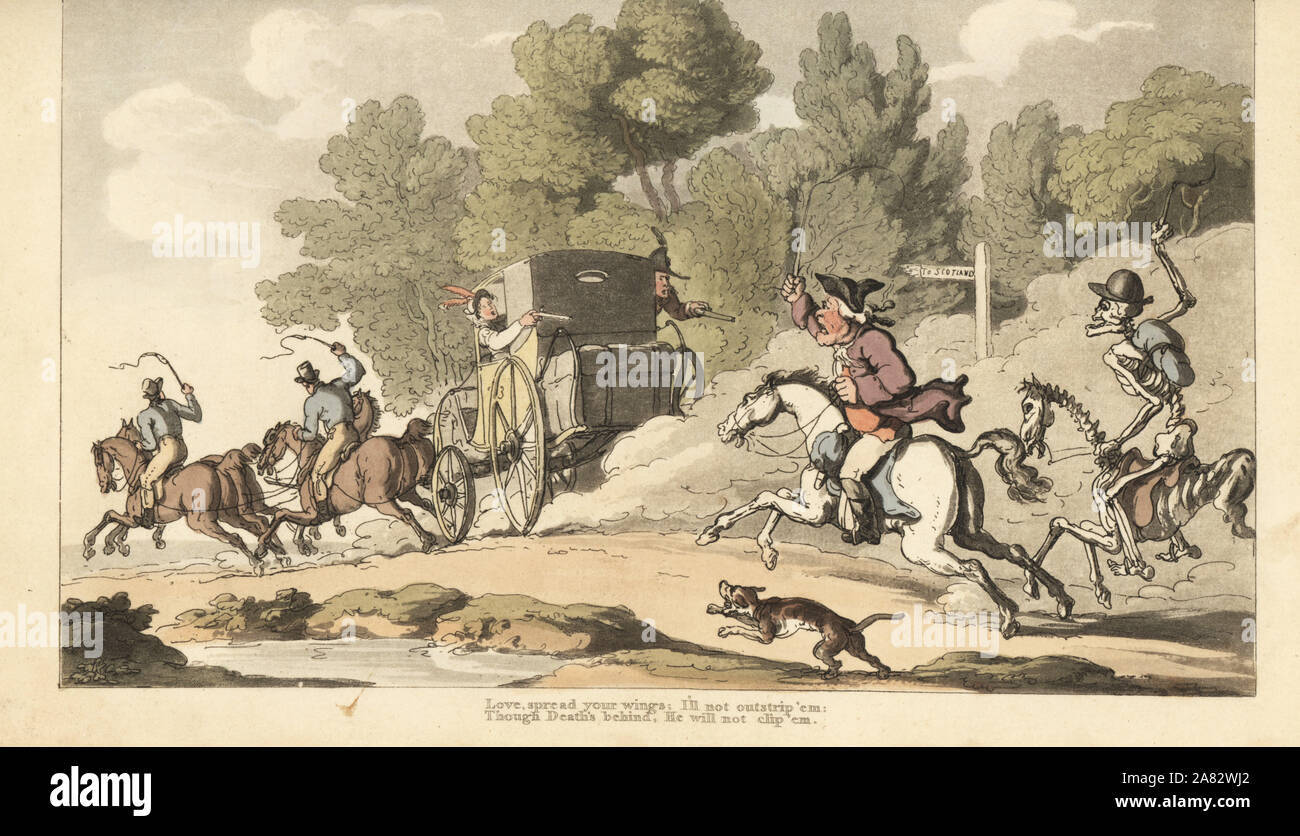 Le squelette de la mort se joint à un père en colère alors qu'il tente d'arrêter sa fille unique s'enfuyant avec un soldat en diligence à Gretna Green. Dessiné et gravé sur cuivre coloriée par Thomas ROWLANDSON à partir de la danse de mort, Ackermann, Londres, 1816. Banque D'Images