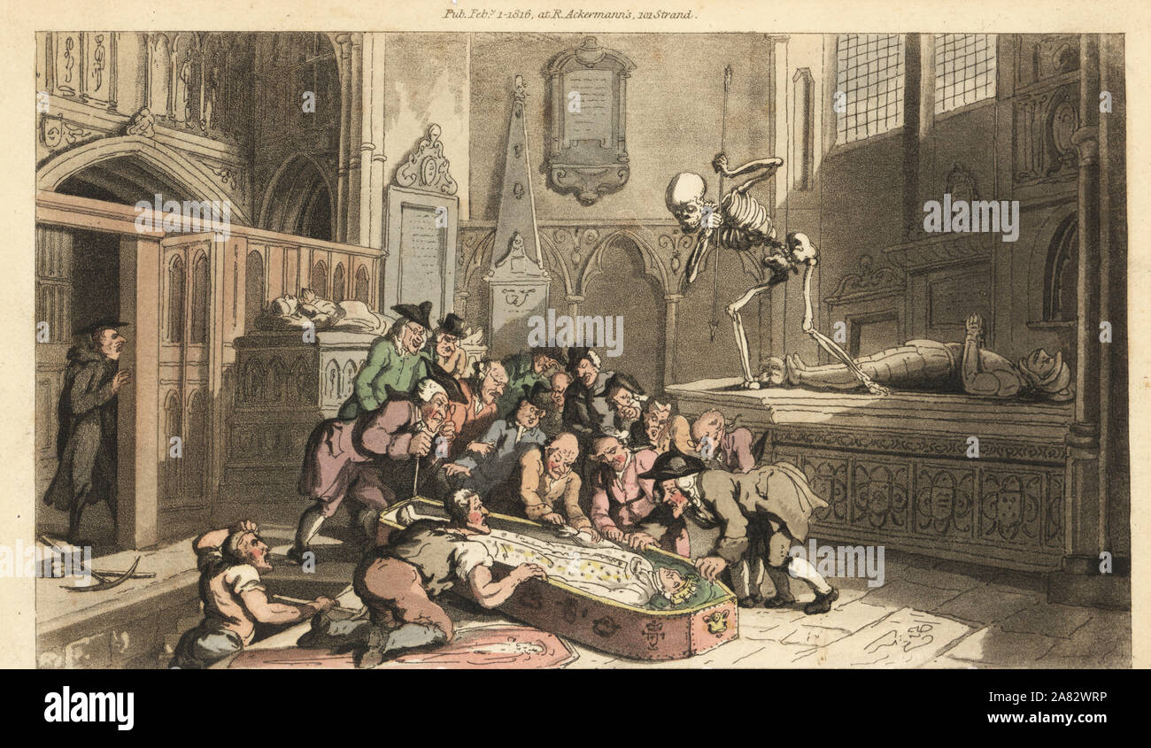 Le squelette de la mort un roi montres antiquaires exhumer le corps d'une crypte dans une église. Dessiné et gravé sur cuivre coloriée par Thomas ROWLANDSON à partir de la danse de mort, Ackermann, Londres, 1816. Banque D'Images