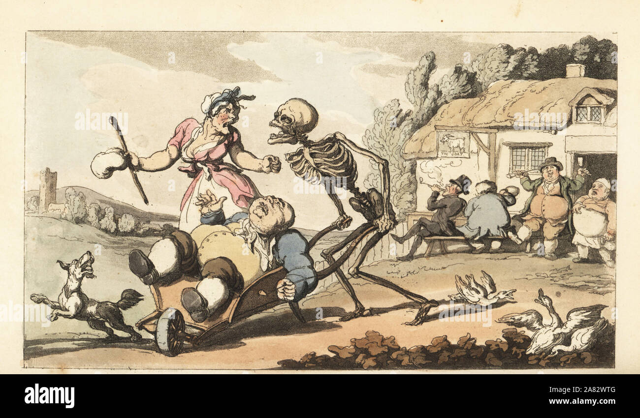 Le squelette de la mort enlève le drunken Sot dans une brouette, tandis que  d'autres ivrognes rendent joyeux devant la pub de chèvre. Dessiné et gravé  sur cuivre coloriée par Thomas ROWLANDSON