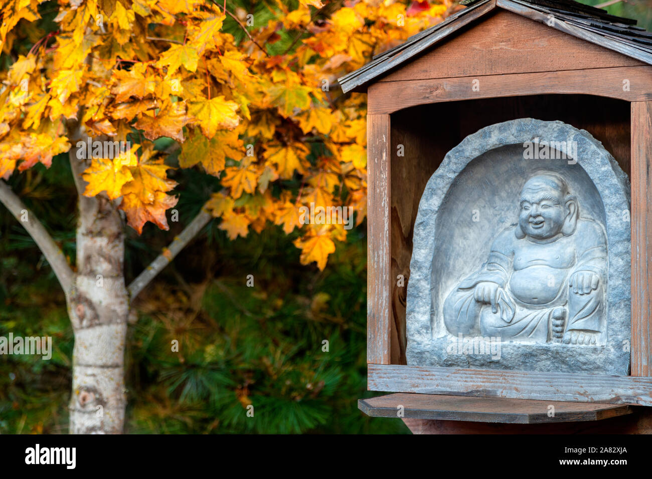 Le laughing Buddha, Budai, avec son sac en tissu de la sculpture sur pierre avec une décoration de l'arbre dans le contexte à l'automne Banque D'Images