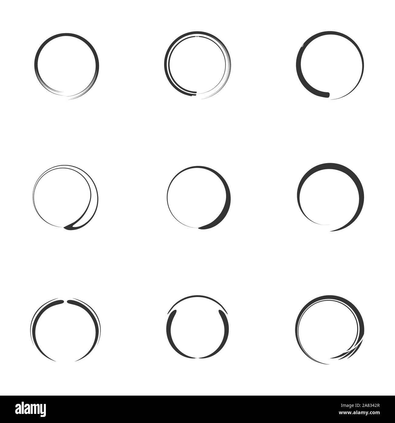 Ensemble de formes rondes icône. Coup de pinceau rond blanc noir avec différents élément en spirale à plat, style vector illustration Illustration de Vecteur