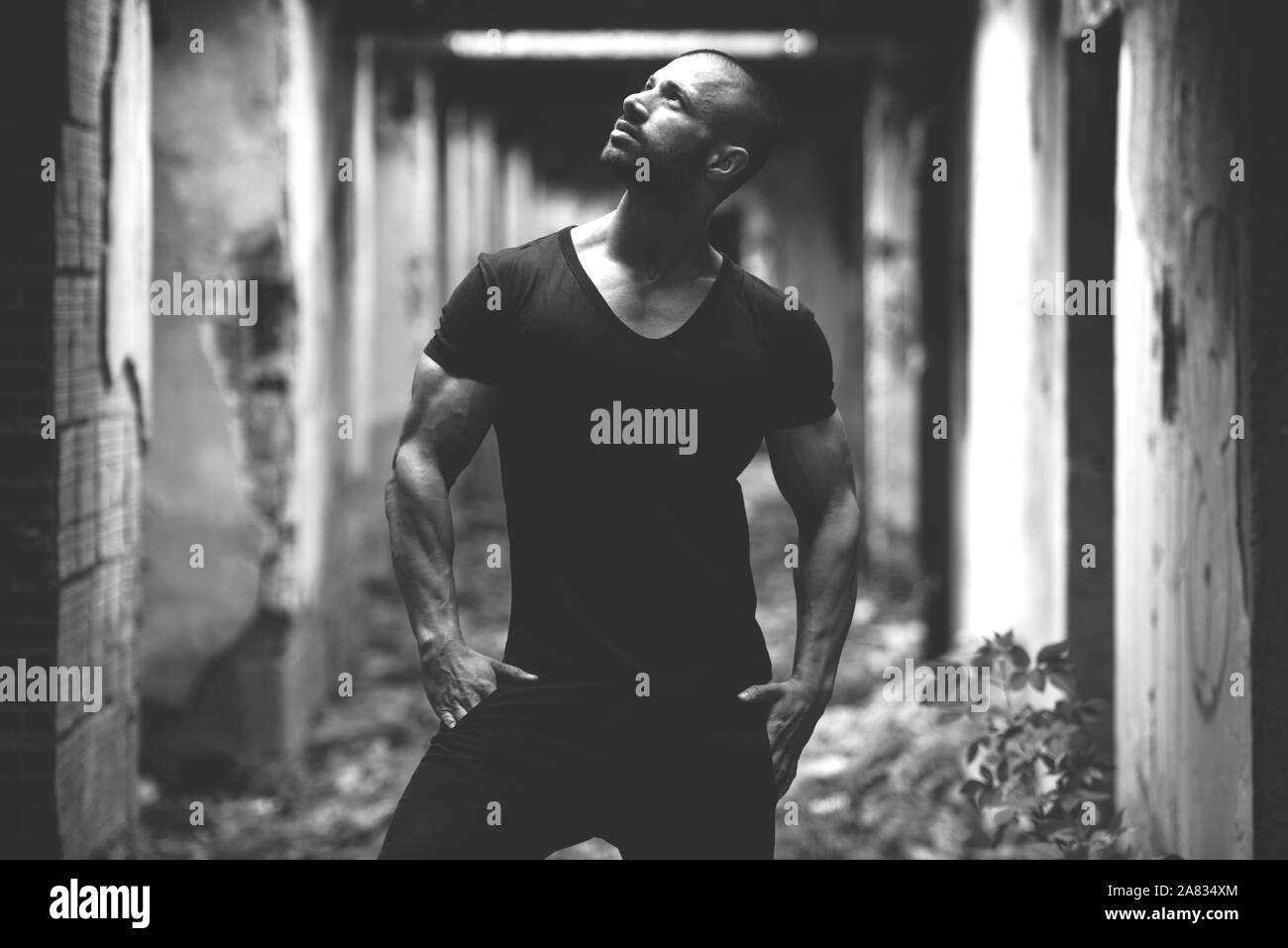 Portrait d'un jeune homme en bonne forme physique montrant son corps bien formé - Athletic musculaire Fitness Model Posing Bodybuilder exercices après l'extérieur Banque D'Images