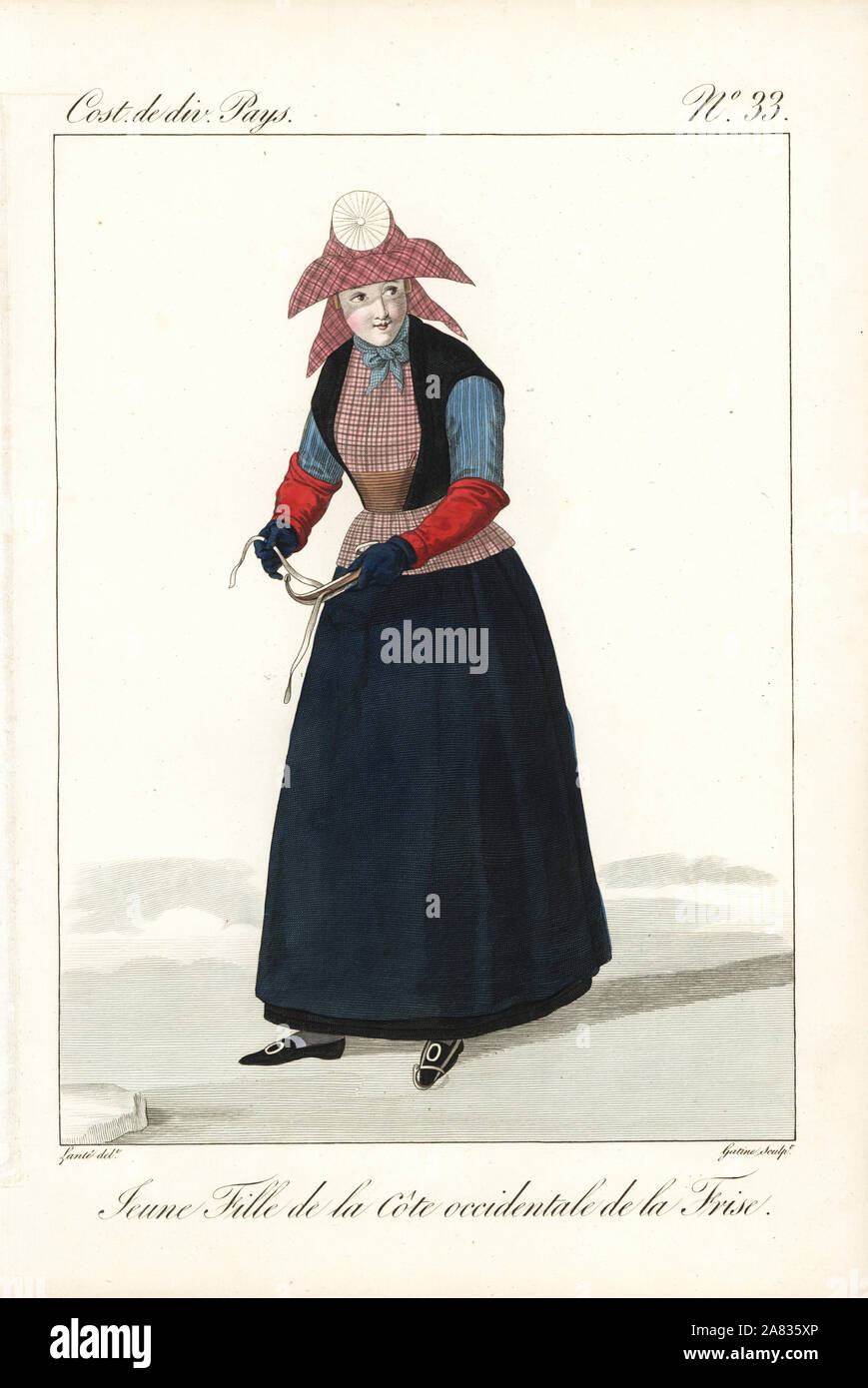 Jeune femme de la côte ouest de la Frise, aux Pays-Bas, 19e siècle. Elle  porte un bonnet en forme de girouette distinctif et guimpe, fichu cravat,  manchettes, gants et jupons. Elle peut