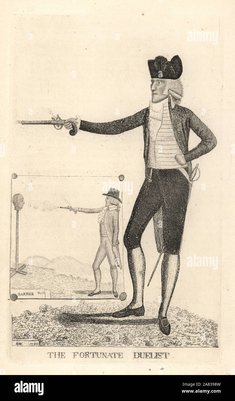 James MacRae, le duelliste chanceux. Il était un excellent shot en raison de sa pratique avec un bloc de barbier. Il fut exilé de l'Écosse après avoir tué Sir George Ramsay dans un duel, après avoir battu l'un de MacRae a Ramsay's hommes pour insolence. La gravure sur cuivre par John Kay à partir d'une série de portraits originaux et la caricature d'eaux-fortes, Hugh Paton, Édimbourg, 1842. Banque D'Images