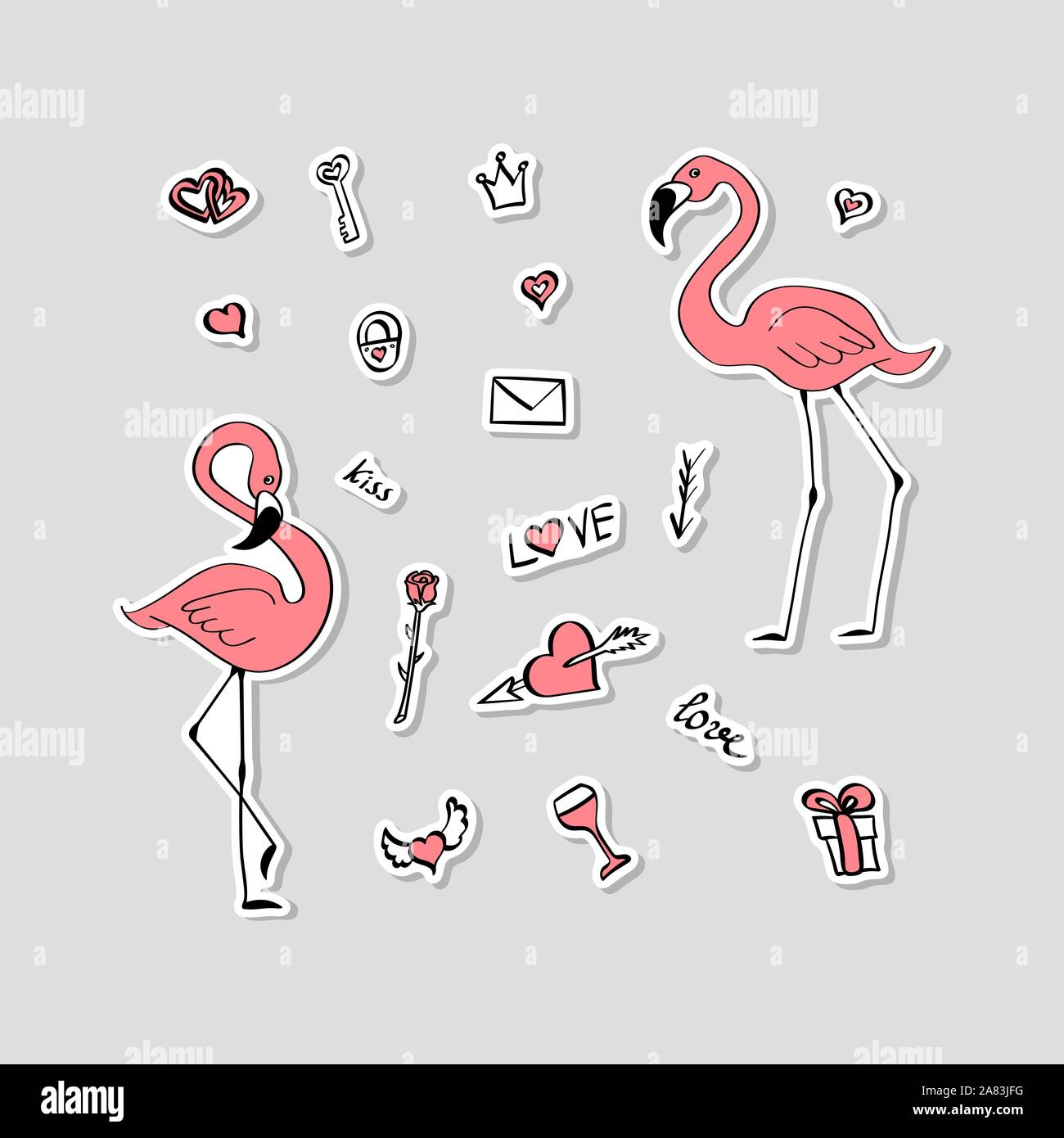 Ensemble d'autocollants dessinés à la main, avec des éléments de la saint valentin. Collection d'étiquettes avec mignon flamants et d'autres objets. Vector illustration. Illustration de Vecteur