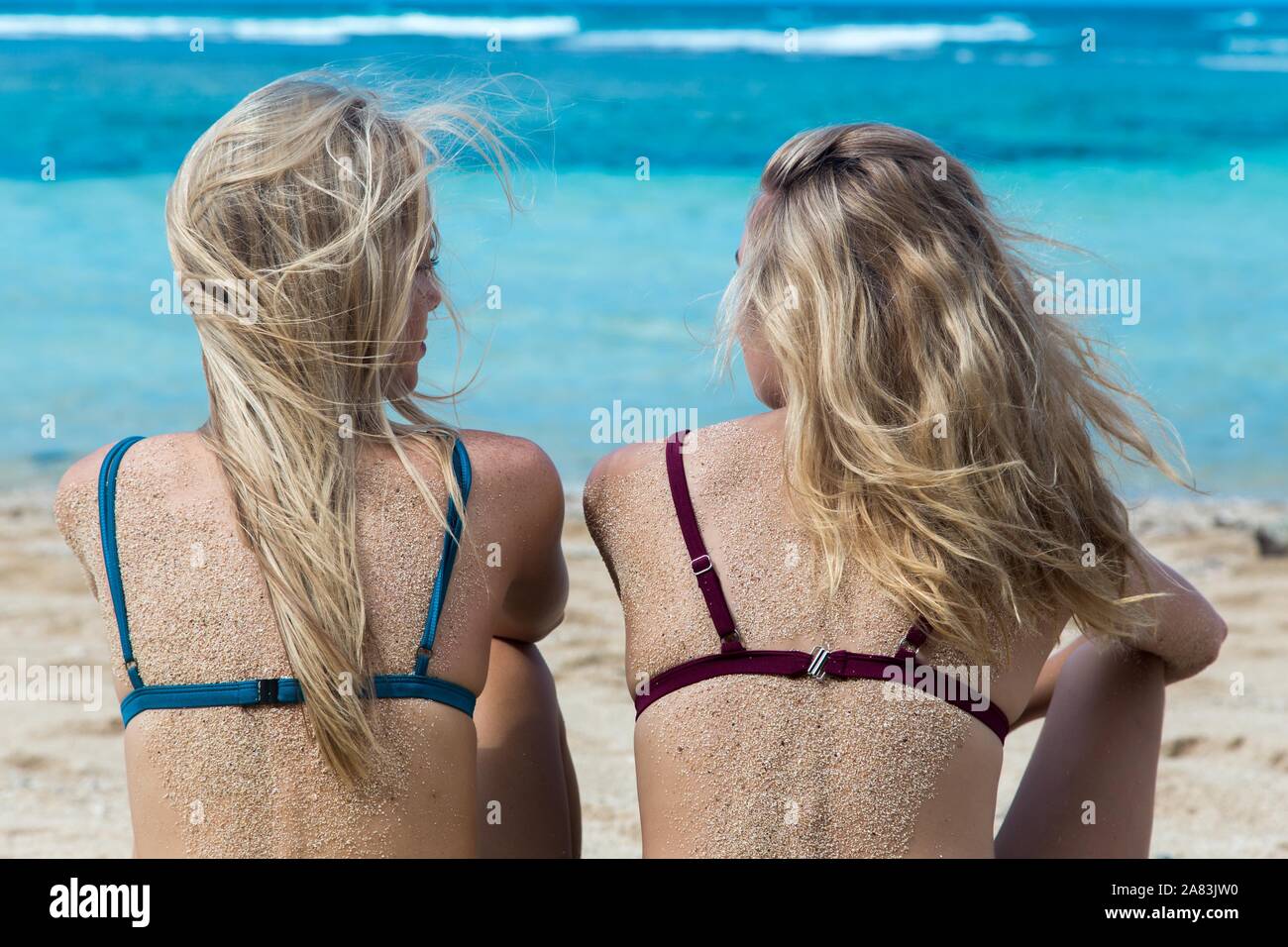 Les jeunes filles en bikini blonde assis près de l'océan en regardant les vagues et parler à l'autre chat Banque D'Images