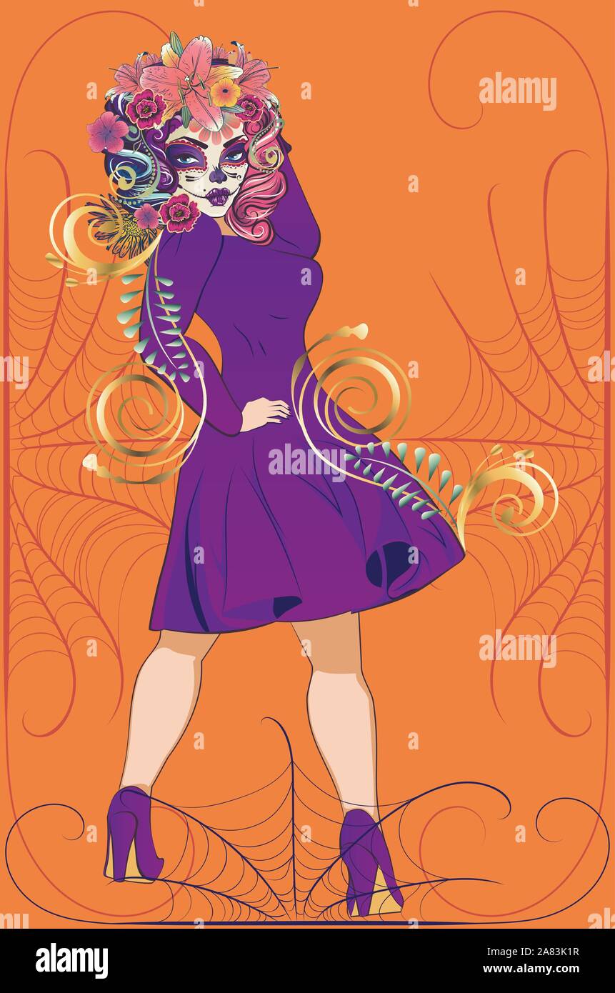 Sorcière femme fantaisie avec crâne en sucre et fleurs en maquillage vintage robe pourpre. Illustration de Vecteur