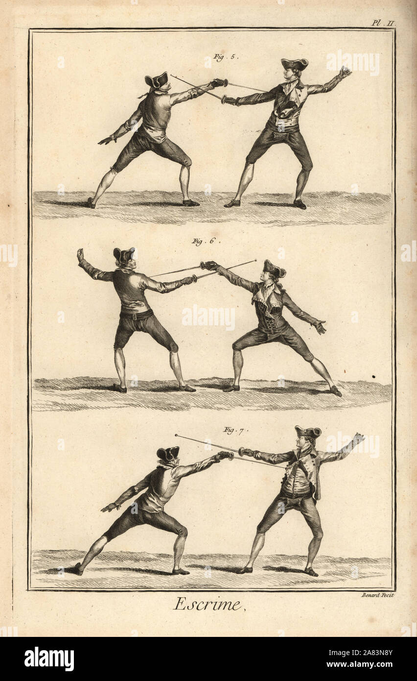 Les tireurs en garde à l'extérieur/poussée, positions et carte tierce tierce et positions, 354050 postes. La gravure sur cuivre par Robert Bénard de la section Escrime Escrime l'encyclopédie de Denis Diderot, Pellet, Genève, 1779. Banque D'Images