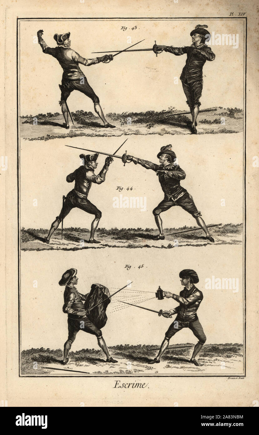 Garde côtière canadienne Garde côtière canadienne française et espagnole, des postes de garde espagnole vaincue, épée et Cape et épée et lanterne. La gravure sur cuivre par Robert Bénard de la section Escrime Escrime l'encyclopédie de Denis Diderot, Pellet, Genève, 1779. Banque D'Images