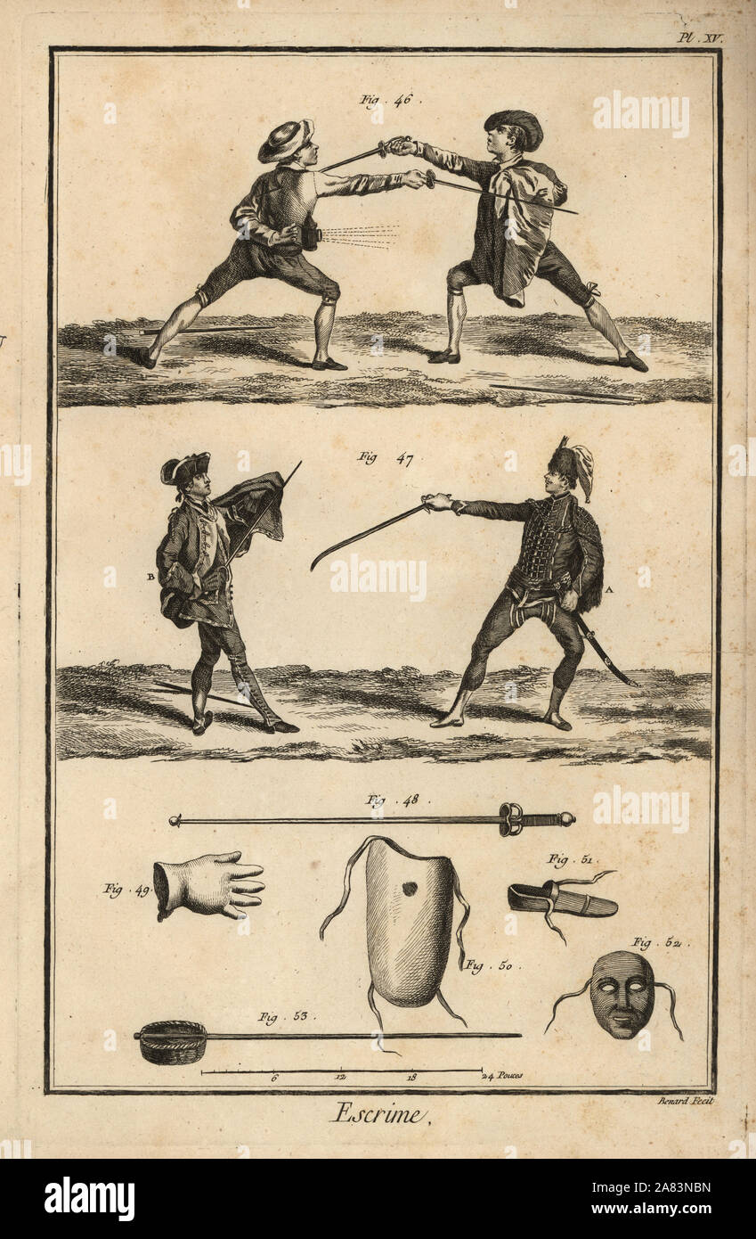 Cape et épée contre épée et lanterne, garde défensive des petites et grandes, épées et d'armes, plastron, masque, gant. La gravure sur cuivre par Robert Bénard de la section Escrime Escrime l'encyclopédie de Denis Diderot, Pellet, Genève, 1779. Banque D'Images