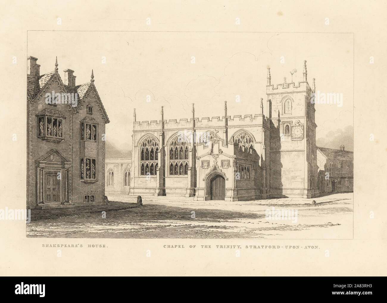 Vue de la chapelle de la Trinité à côté de la maison de Shakespeare à Stratford upon Avon. Gravure par Thomas Fisher de ses peintures sur les murs de la chapelle de la Trinité, Stratford upon Avon, 1808. Banque D'Images