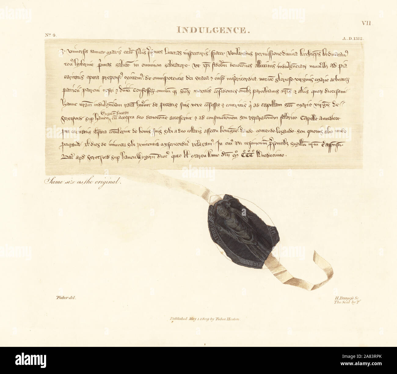 Indulgence accordée par l'archevêque d'Armagh Rowland Jorse 1312 de son sceau le montrant dans des robes religieuses avec Crozier. Gravure coloriée dessiné et gravé par Thomas Fisher de ses peintures sur les murs de la chapelle de la Trinité, Stratford upon Avon, 1808. Banque D'Images