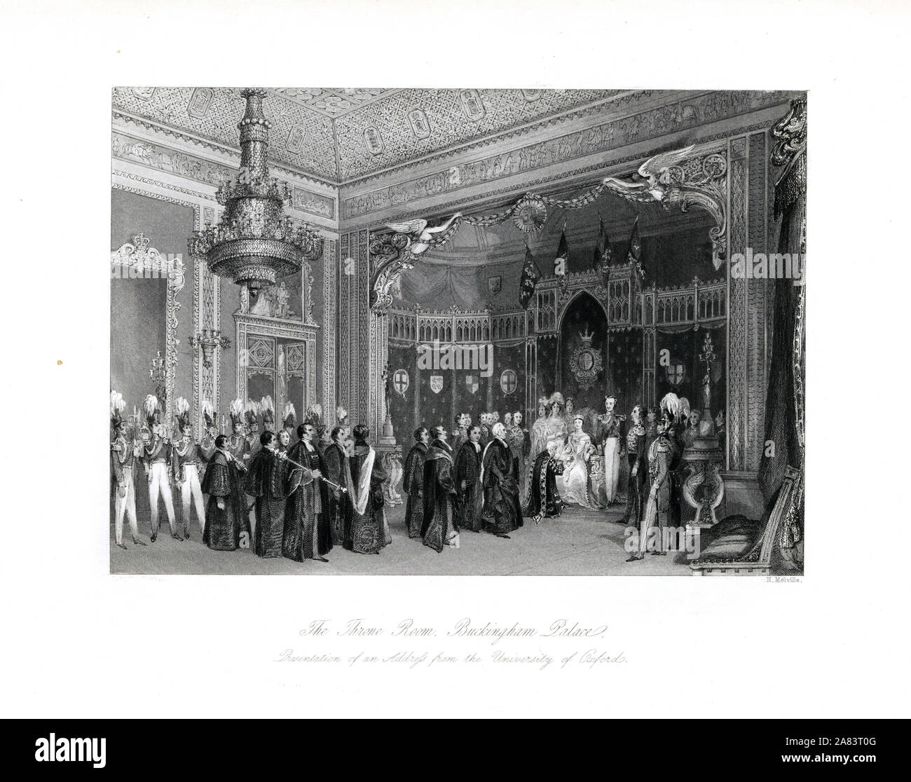 Présentation d'une adresse de l'Université d'Oxford à la reine Victoria, dans la salle du trône, le palais de Buckingham. Gravure sur acier par Henry Melville après une illustration par Thomas Hosmer Shepherd de London Interiors, leurs costumes et les cérémonies, Joshua Mead, Londres, 1841. Banque D'Images