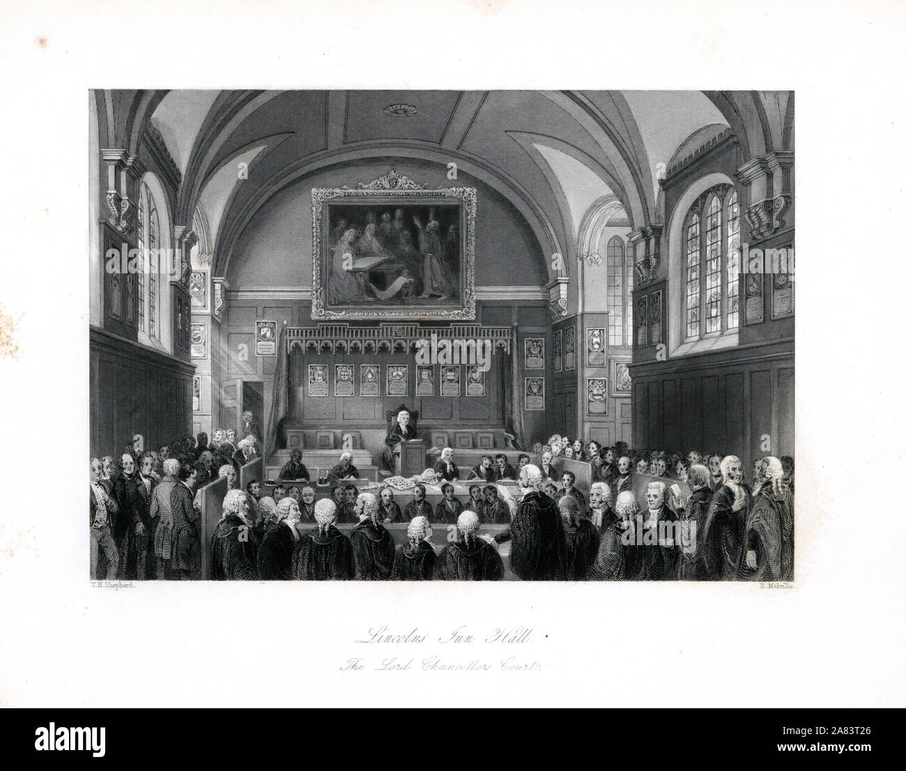 Lord chancelier (président) dans la cour de la chancellerie, Lincolns Inn Hall. Gravure sur acier par Henry Melville après une illustration par Thomas Hosmer Shepherd de London Interiors, leurs costumes et les cérémonies, Joshua Mead, Londres, 1841. Banque D'Images