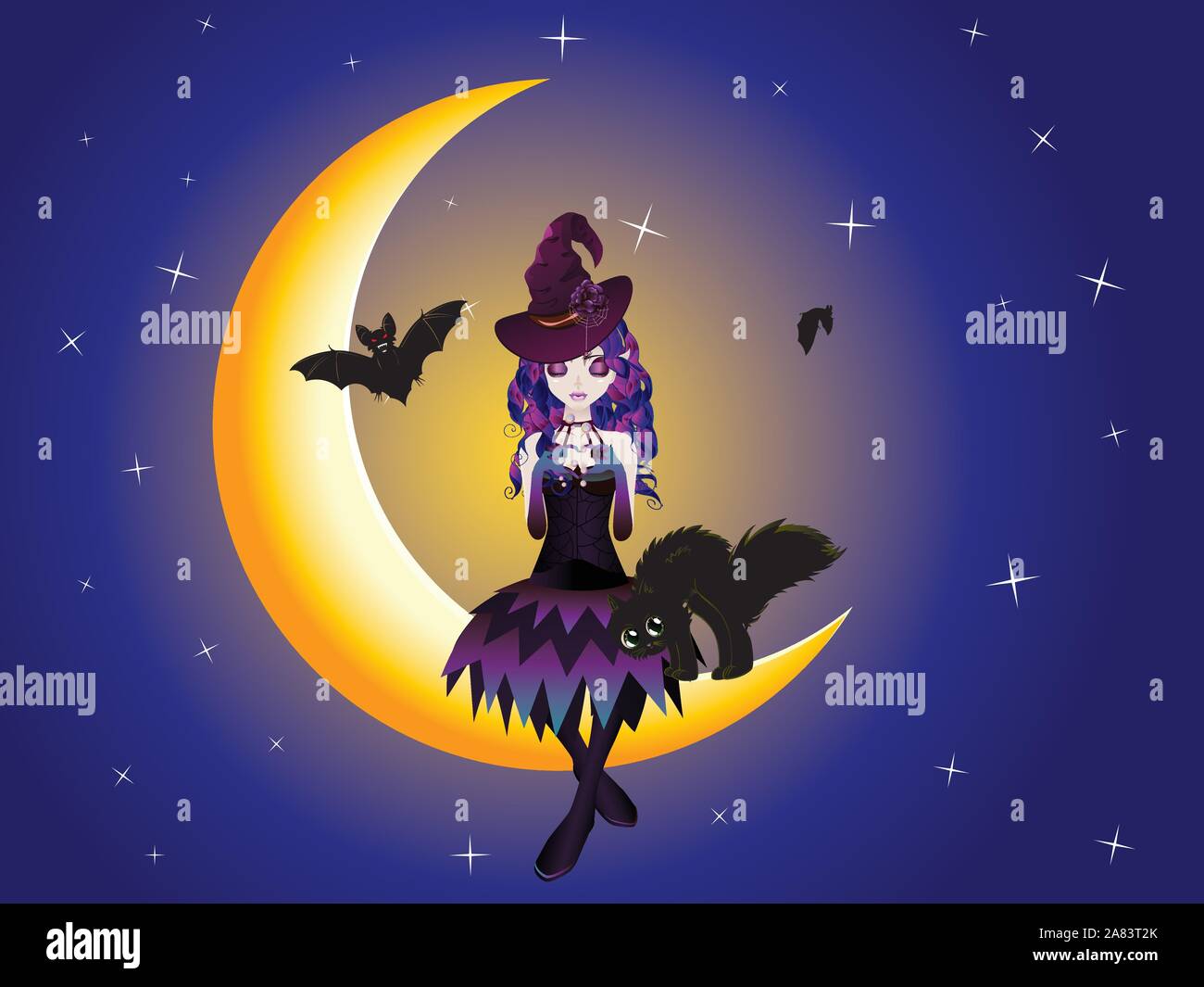 Cute Halloween Sorciere Avec Chat Noir Sur Le Croissant De Lune Image Vectorielle Stock Alamy Cute Halloween Sorciere Avec Chat Noir Sur Le Croissant De Lune Image Vectorielle Stock Alamy