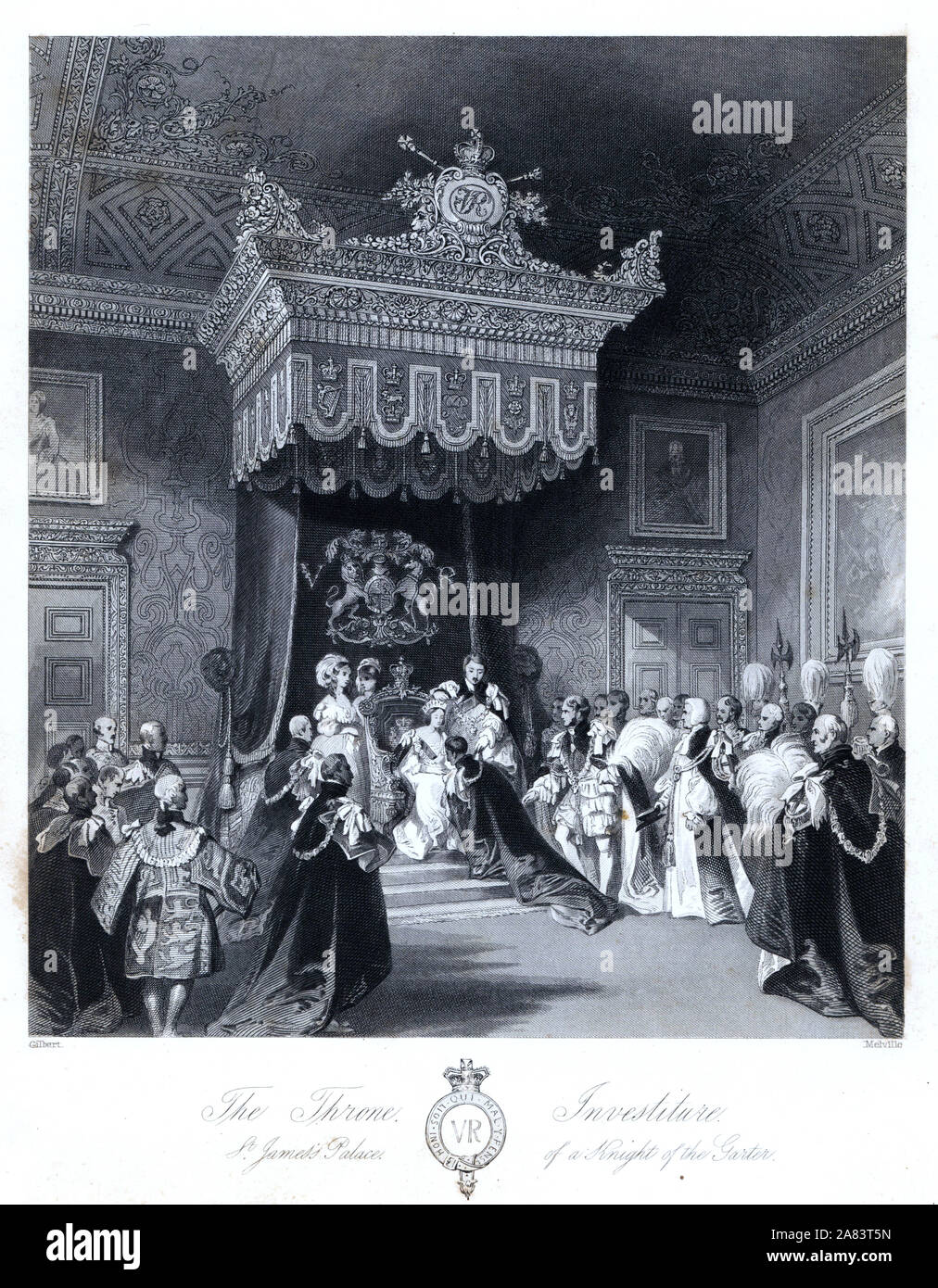 La Reine Victoria l'exécution d'une cérémonie d'un chevalier de la jarretière dans la salle du trône à St James' Palace. Gravure sur acier par Henry Melville après une illustration par Gilbert de London Interiors, leurs costumes et les cérémonies, Joshua Mead, Londres, 1841. Banque D'Images