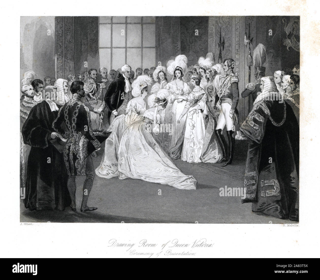 Cérémonie de présentation à la reine Victoria dans le salon à St James' Palace. Gravure sur acier par Henry Melville après une illustration par J. Gilbert de London Interiors, leurs costumes et les cérémonies, Joshua Mead, Londres, 1841. Banque D'Images